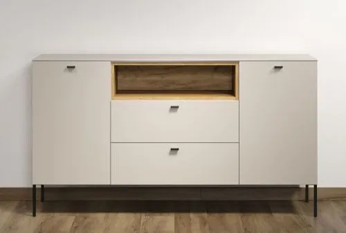 Sideboard Sao Paulo, Kaschmir Dekor, im Wohnzimmer, mit offenen Fächern und Schubkästen, Metallfüße – Ansicht 3