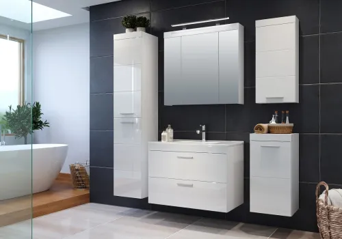Spiegelschrank Devon | weiß Hochglanz mit Aufsatzleuchte