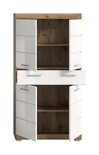 Standschrank breit Wave | weiß Hochglanz / Nox Oak
