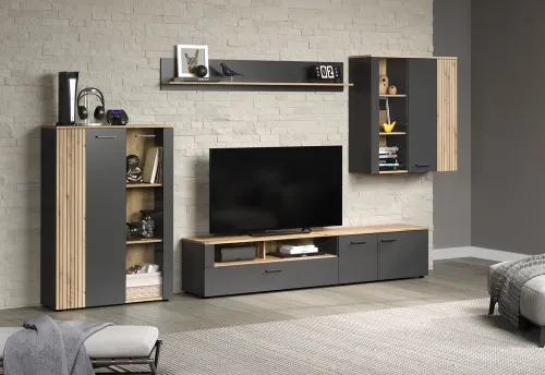 TV-Board Lowboard Esteban | Anthrazit / Coast Evoke Oak 2er Set LED Unterbauspot