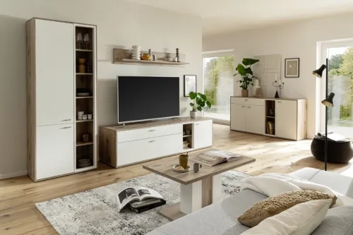 TV-Board Santerno | Soft white / Viking Oak | mit Beleuchtung