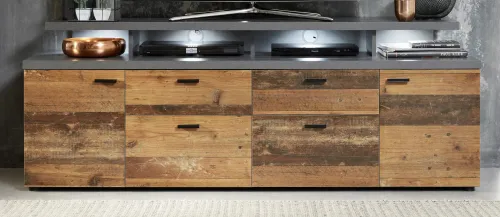 TV Lowboard Mood | Old Used Wood / Matera grau | Shabby Look mit 4er Set LED Beleuchtung