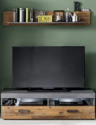 TV Lowboard & Wandboard Indy | Old Used Wood / Matera grau | 2-teilig | Shabby Look ohne Beleuchtung