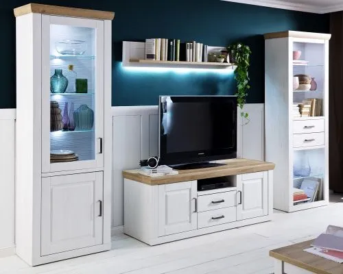Vitrine Brixen | Landhaus modern | Pinie Aurelio / Grandson Oak mit 1er Set LED Unterbauspot