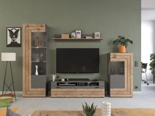 Vitrine Freno | grau matt / Nox Oak | inkl. LED Beleuchtung