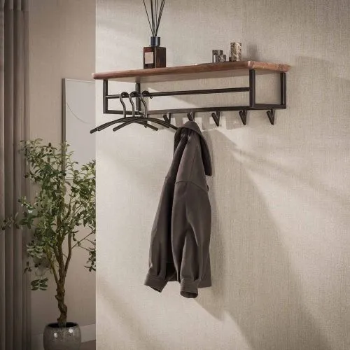 Wandgarderobe Garderobenpaneel Kes 2 mit Hutablage & 6 Haken | Akazie massiv | braun