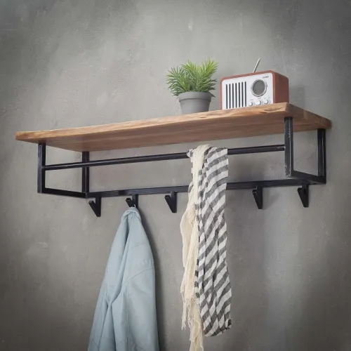 Wandgarderobe Garderobenpaneel Kes mit Hutablage & 6 Haken | Akazie massiv