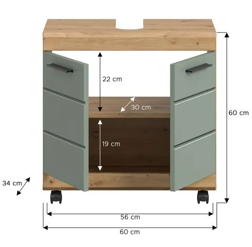 Waschbeckenunterschrank Scout auf Rollen | Salbei / Artisan Eiche