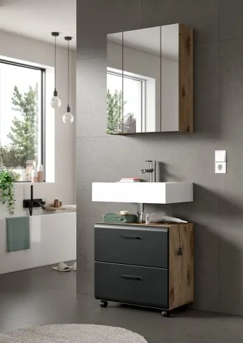 Waschtisch Ice | mit Schubkästen auf Rollen | Nox Oak / schwarz