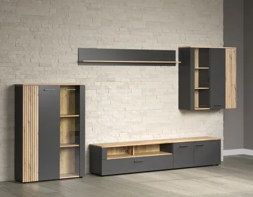 Wohnkombination Esteban | Anthrazit / Coast Evoke Oak | 4-teilig 3er Set LED Unterbauspot