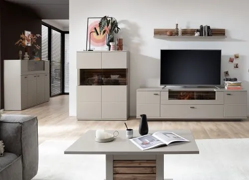Wohnkombination Lüttich 2 | Basalt / Wotan Eiche | 3-teilig | TV-Board & Wandboard mit Bandbeleuchtung