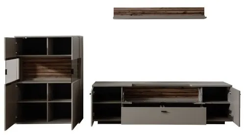 Wohnkombination Lüttich 2 | Basalt / Wotan Eiche | 3-teilig | Wandboard mit Bandbeleuchtung