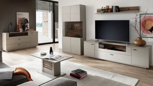 Wohnkombination Lüttich 3 | Basalt / Wotan Eiche | 3-teilig | Kombi-Vitrine & TV-Board mit Bandbeleuchtung