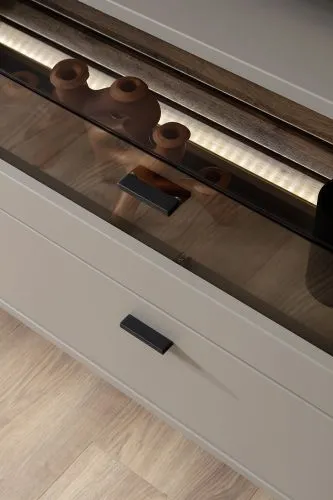 Wohnkombination Lüttich | Basalt / Wotan Eiche | 3-teilig | Vitrine & TV-Board mit Bandbeleuchtung