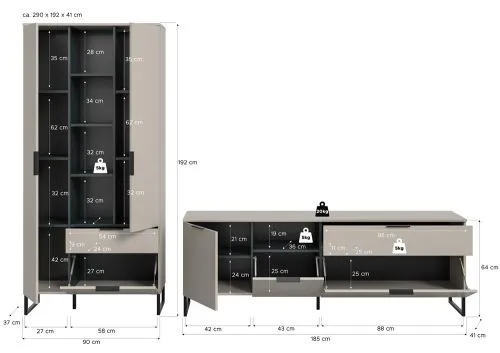 Wohnkombination Noida | 2-teilig | Kaschmir / schwarz mit 2er Set LED Beleuchtung