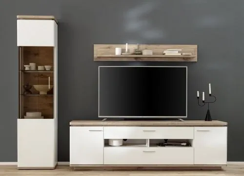 Wohnkombination Palermo 2 | Soft white / Viking Oak | 3-teilig | mit 135 cm Beleuchtung
