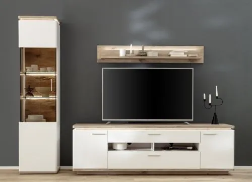Wohnkombination Palermo 2 | Soft white / Viking Oak | 3-teilig | mit 2er Set 45 cm Beleuchtung