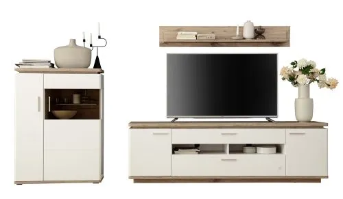 Wohnkombination Palermo 3 | Soft white / Viking Oak | 3-teilig | LED Beleuchtung