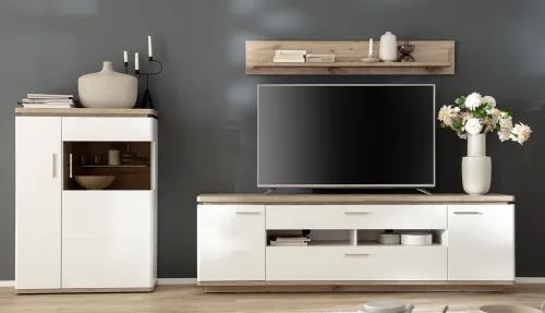 Wohnkombination Palermo 3 | Soft white / Viking Oak | 3-teilig | mit 45 cm Beleuchtung