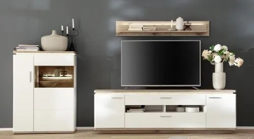 Wohnkombination Palermo 3 | Soft white / Viking Oak | 3-teilig | ohne Beleuchtung