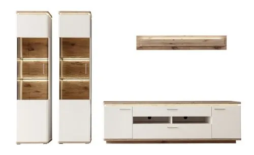 Wohnkombination Palermo 4 | Soft white / Viking Oak | 4-teilig | komplett Beleuchtung