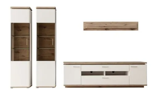 Wohnkombination Palermo 4 | Soft white / Viking Oak | 4-teilig | komplett Beleuchtung