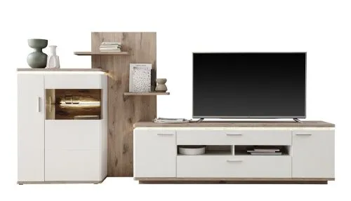 Wohnkombination Palermo | Soft white / Viking Oak | 3-teilig | LED Beleuchtung