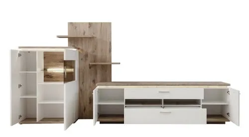 Wohnkombination Palermo | Soft white / Viking Oak | 3-teilig | LED Beleuchtung