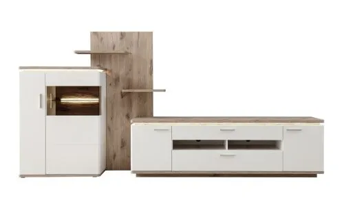 Wohnkombination Palermo | Soft white / Viking Oak | 3-teilig | ohne Beleuchtung
