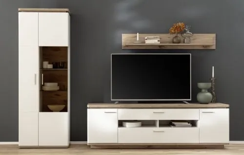 Wohnkombination Palermo1 | Soft white / Viking Oak | 3-teilig | LED Beleuchtung