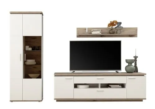 Wohnkombination Palermo1 | Soft white / Viking Oak | 3-teilig | LED Beleuchtung