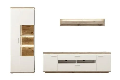 Wohnkombination Palermo1 | Soft white / Viking Oak | 3-teilig | LED Beleuchtung