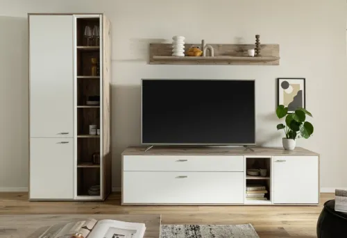 Wohnkombination Santerno 1 | Soft white / Viking Oak | 3-teilig | LED Beleuchtung