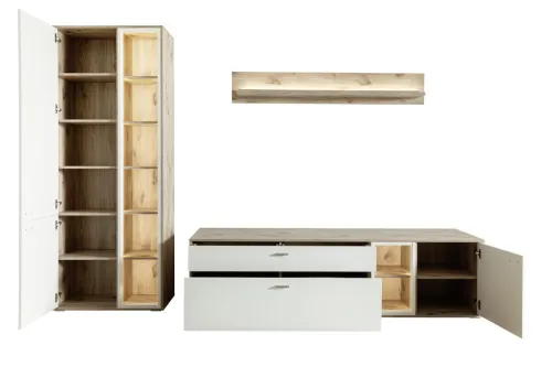 Wohnkombination Santerno 1 | Soft white / Viking Oak | 3-teilig | mit 50 cm Beleuchtung