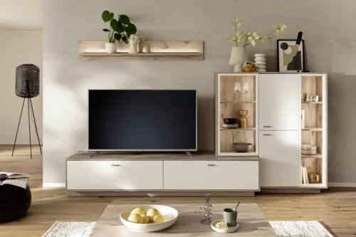 Wohnkombination Santerno 2 | Soft white / Viking Oak | 3-teilig | LED Beleuchtung