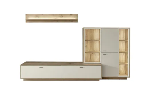 Wohnkombination Santerno 2 | Soft white / Viking Oak | 3-teilig | LED Beleuchtung