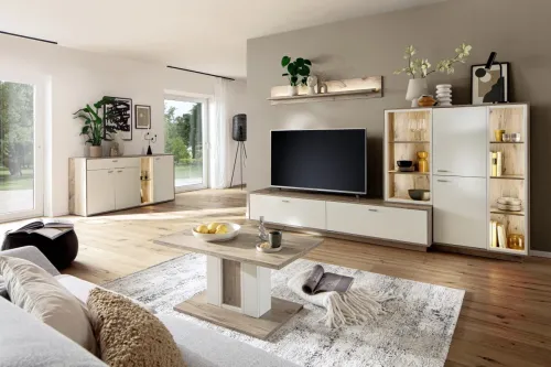Wohnkombination Santerno 2 | Soft white / Viking Oak | 3-teilig | mit 135 cm Beleuchtung