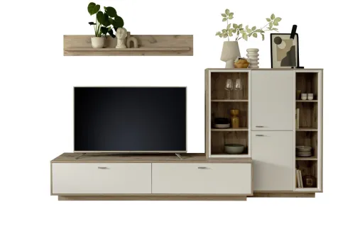 Wohnkombination Santerno 2 | Soft white / Viking Oak | 3-teilig | mit 135 cm Beleuchtung