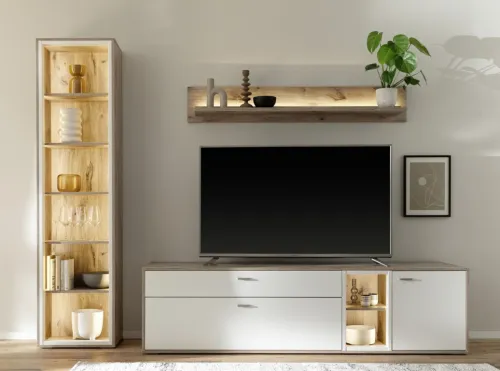 Wohnkombination Santerno | Soft white / Viking Oak | 3-teilig | LED Beleuchtung