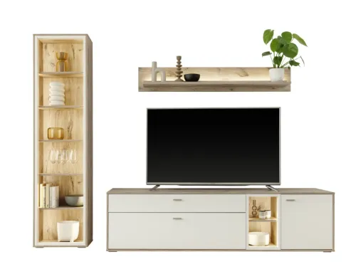 Wohnkombination Santerno | Soft white / Viking Oak | 3-teilig | LED Beleuchtung