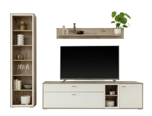 Wohnkombination Santerno | Soft white / Viking Oak | 3-teilig | LED Beleuchtung