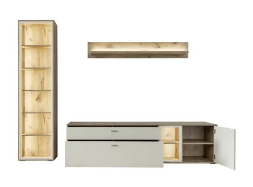 Wohnkombination Santerno | Soft white / Viking Oak | 3-teilig | mit 135 cm Beleuchtung