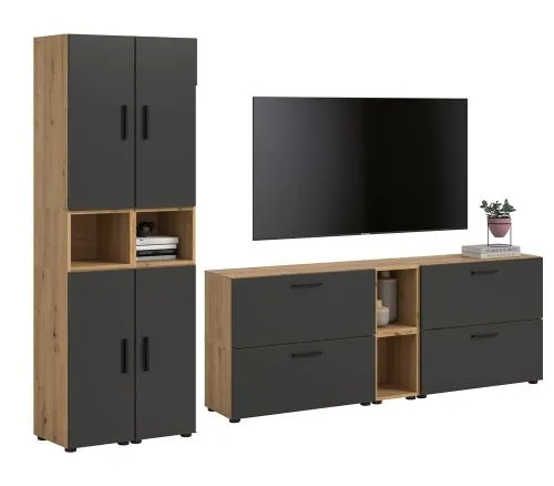 Wohnkombination The One 1 | 12-teilig | Artisan Oak / Basalt grau mit 4er Set Unterbauspot