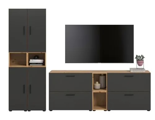 Wohnkombination The One 1 | 12-teilig | Artisan Oak / Basalt grau mit 4er Set Unterbauspot
