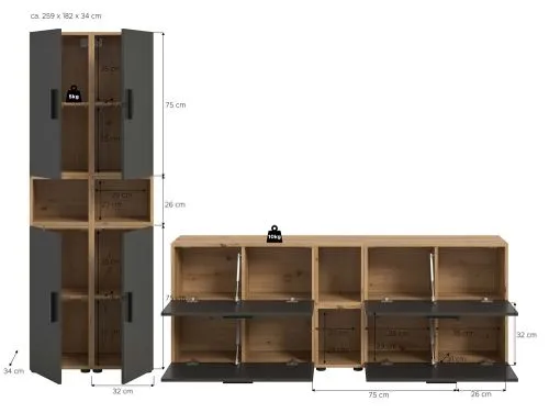 Wohnkombination The One 1 | 12-teilig | Artisan Oak / Basalt grau mit 4er Set Unterbauspot