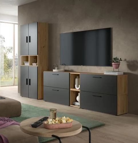 Wohnkombination The One 1 | 12-teilig | Artisan Oak / Basalt grau mit 4er Set Unterbauspot
