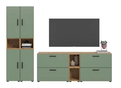 Wohnkombination The One 1 | 12-teilig | Artisan Oak / Smoke Green mit 4er Set Unterbauspot
