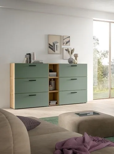Wohnkombination The One 1 | 9-teilig | Artisan Oak / Smoke Green mit LED Bad warm-weiß 2x110cm