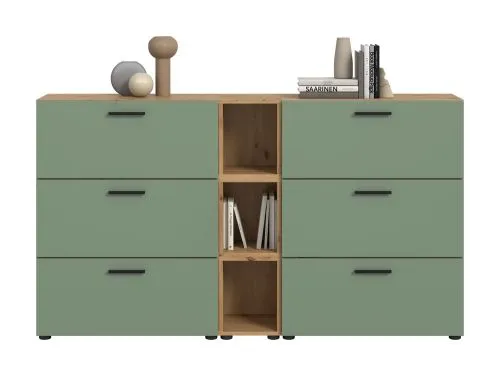 Wohnkombination The One 1 | 9-teilig | Artisan Oak / Smoke Green mit LED Bad warm-weiß 2x110cm