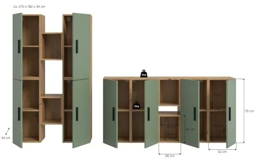 Wohnkombination The One | 12-teilig | Artisan Oak / Smoke Green ohne